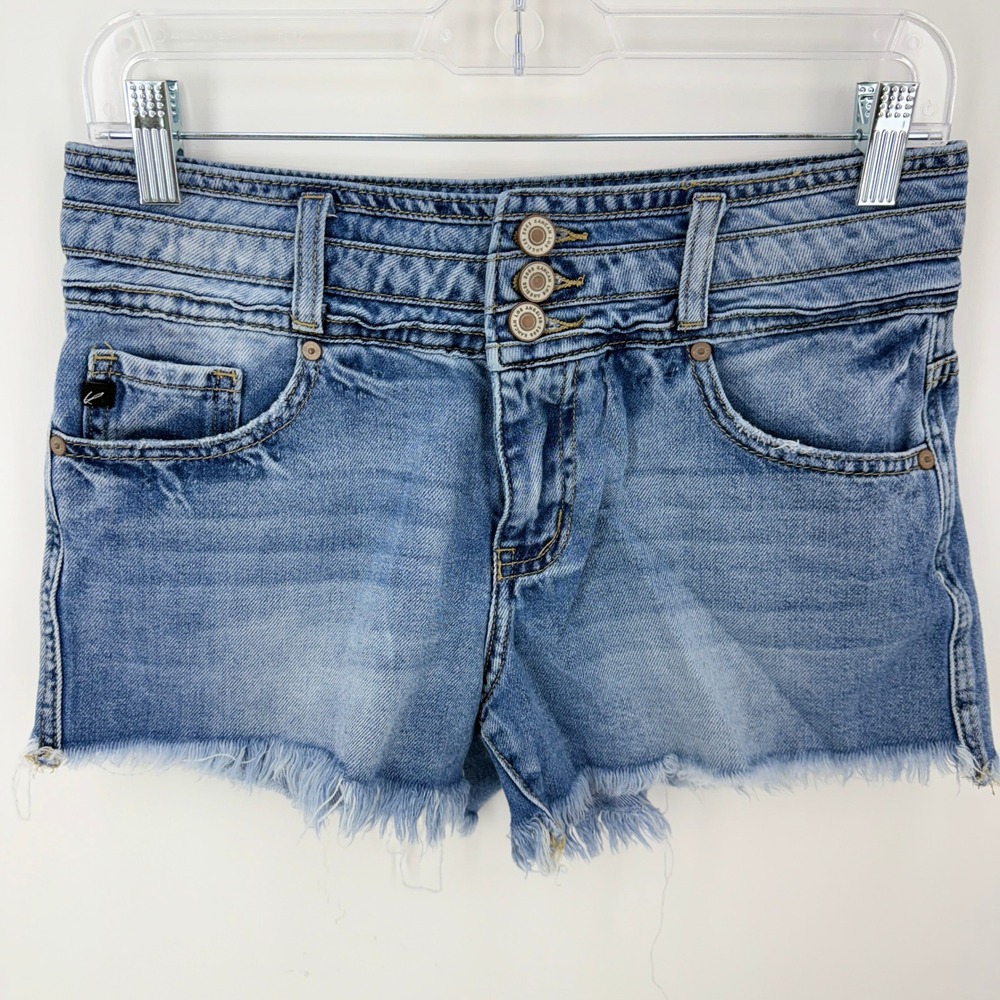 KanCan Womens High Rise Triple Button Fly Frayed Hem Denim Shorts Blue KC6325M-N